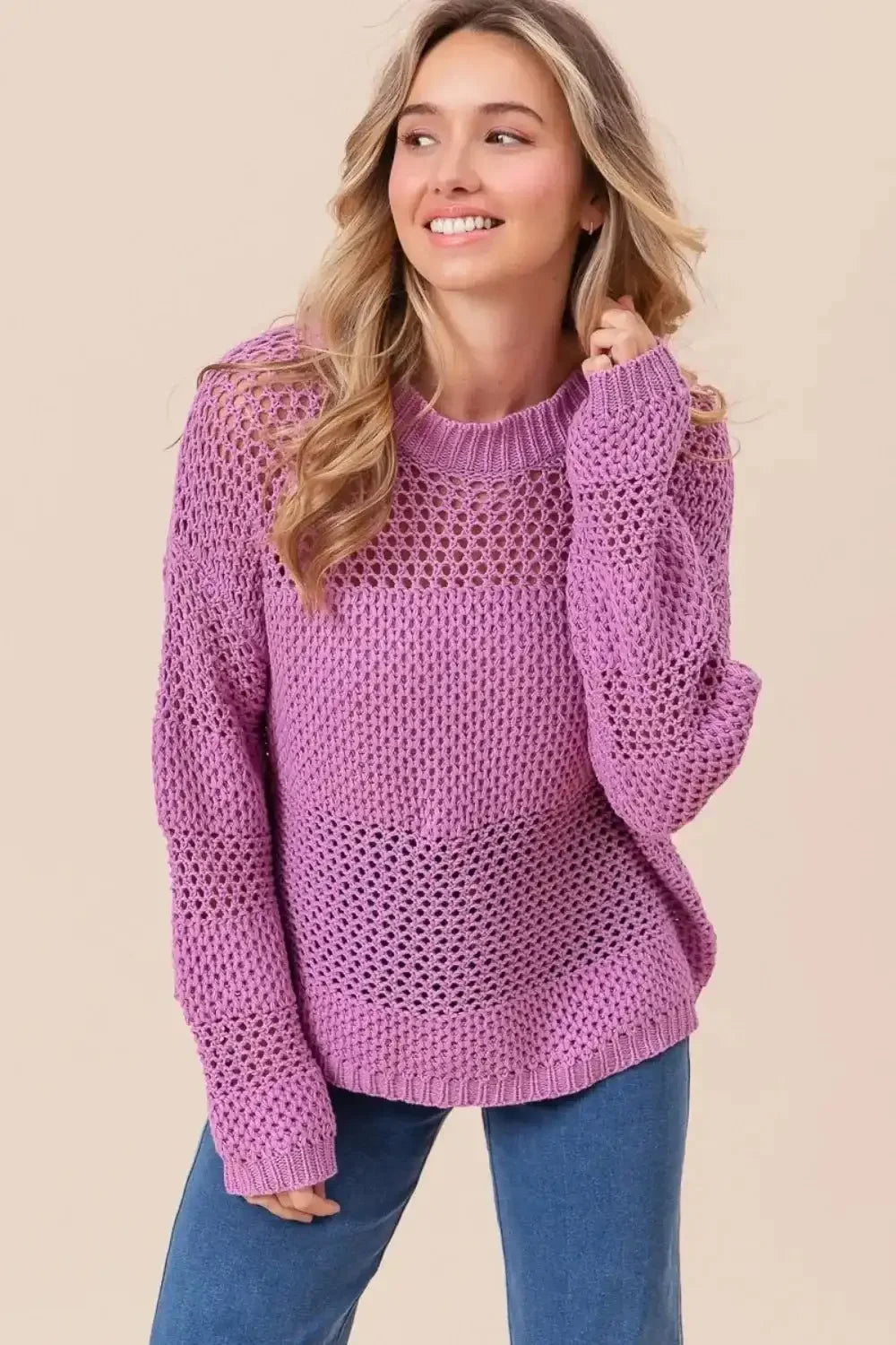 BiBi Openwork Long Sleeve Knit Top - VILLA FASHION