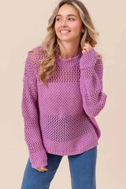 BiBi Openwork Long Sleeve Knit Top - VILLA FASHION