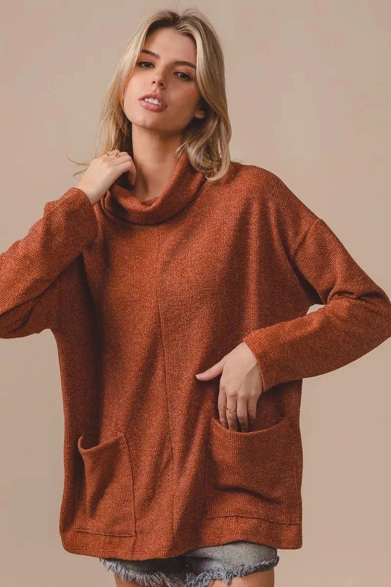 BiBi Piper Rib Double Pocket Turtle Neck Sweater - VILLA FASHION