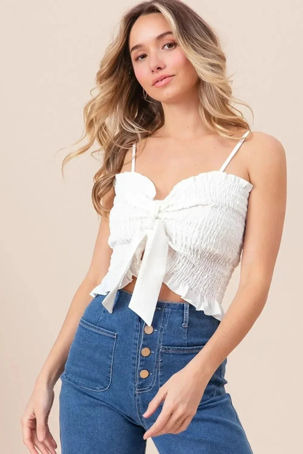 BiBi Ruffled Smocked Ribbon Detail Cami - VILLA FASHION