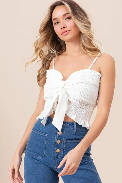 BiBi Ruffled Smocked Ribbon Detail Cami - VILLA FASHION