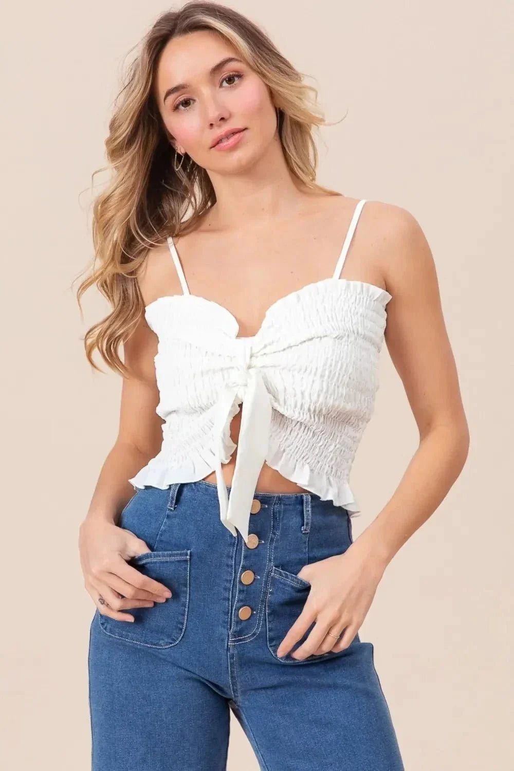 BiBi Ruffled Smocked Ribbon Detail Cami - VILLA FASHION