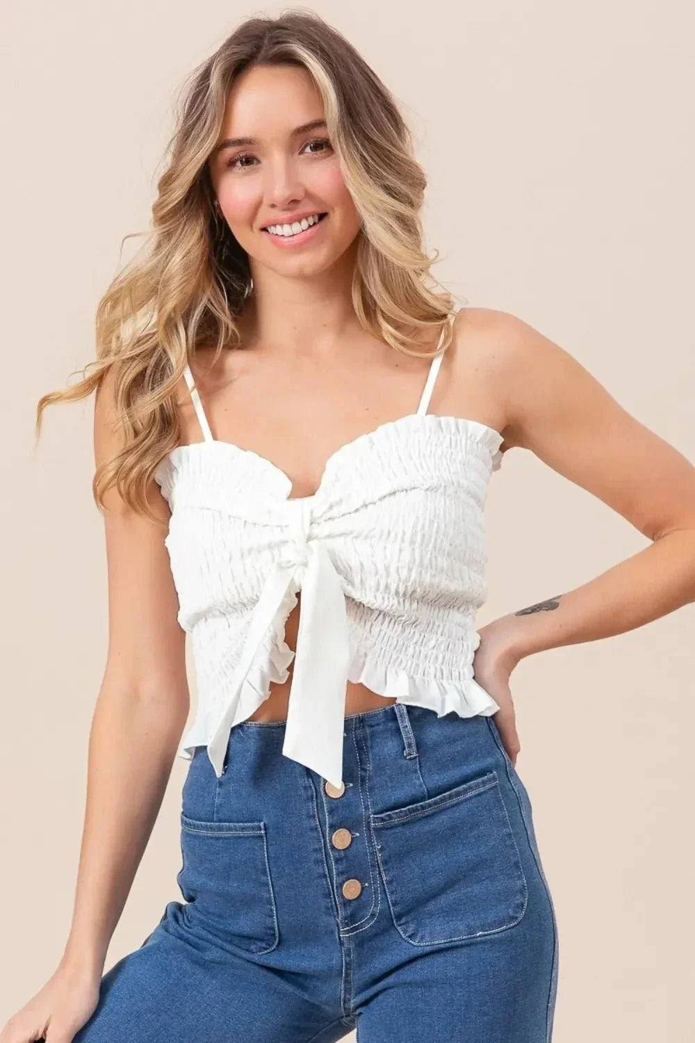 BiBi Ruffled Smocked Ribbon Detail Cami - VILLA FASHION