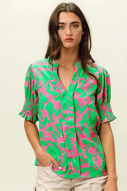 BiBi Smocked Cuff Floral Contrast Top - VILLA FASHION