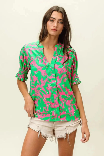 BiBi Smocked Cuff Floral Contrast Top - VILLA FASHION
