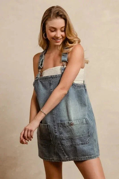 BiBi Washed Adjustable Strap Denim Overall Dress - VILLA FASHION