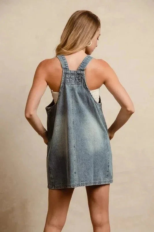 BiBi Washed Adjustable Strap Denim Overall Dress - VILLA FASHION