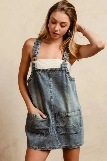 BiBi Washed Adjustable Strap Denim Overall Dress - VILLA FASHION