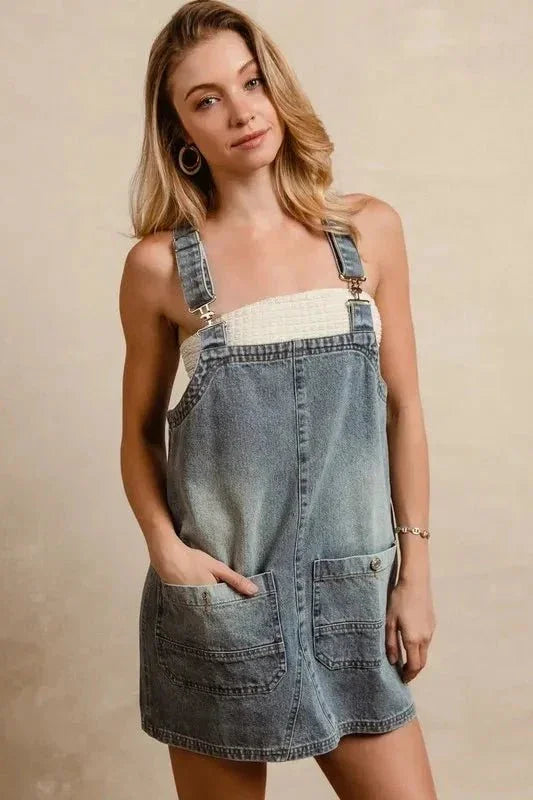 BiBi Washed Adjustable Strap Denim Overall Dress - VILLA FASHION