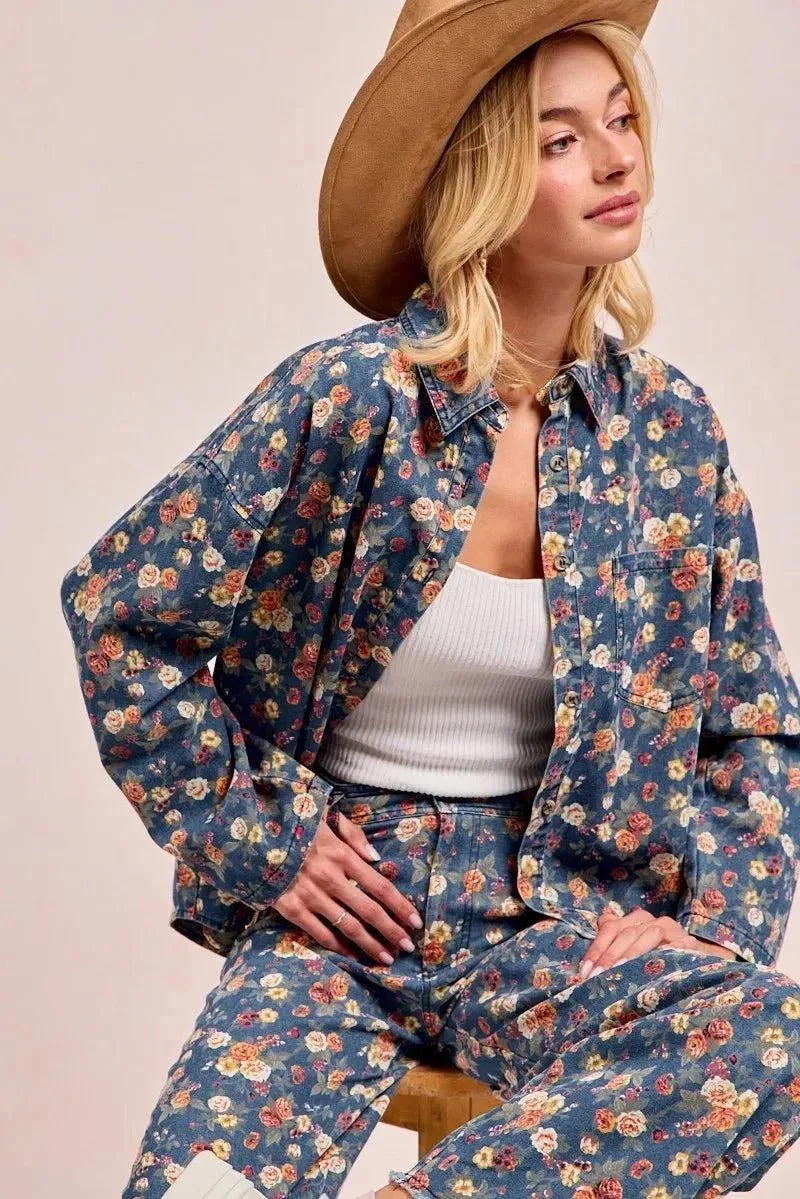 BiBi Washed Floral Print Denim Jacket - VILLA FASHION