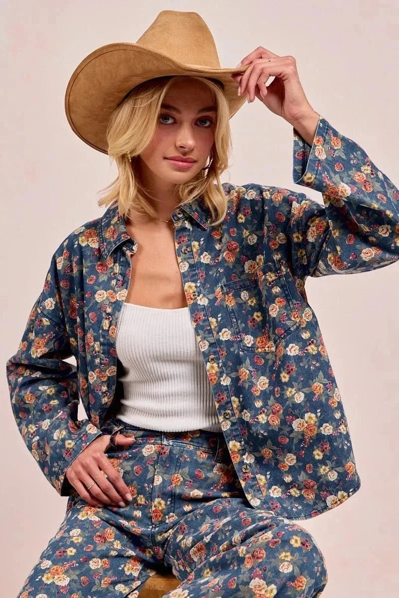 BiBi Washed Floral Print Denim Jacket - VILLA FASHION