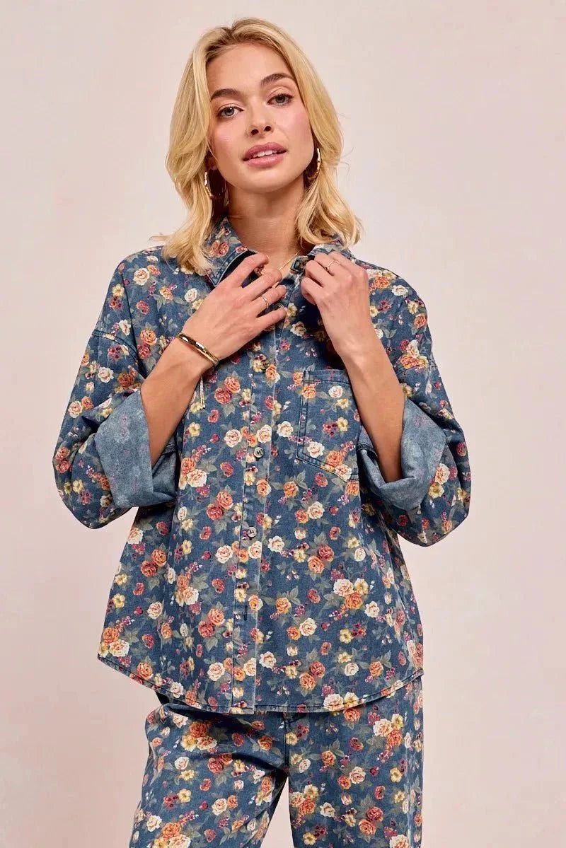 BiBi Washed Floral Print Denim Jacket - VILLA FASHION