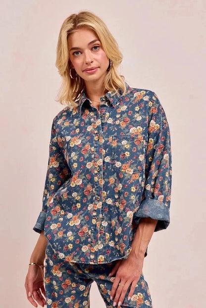 BiBi Washed Floral Print Denim Jacket - VILLA FASHION