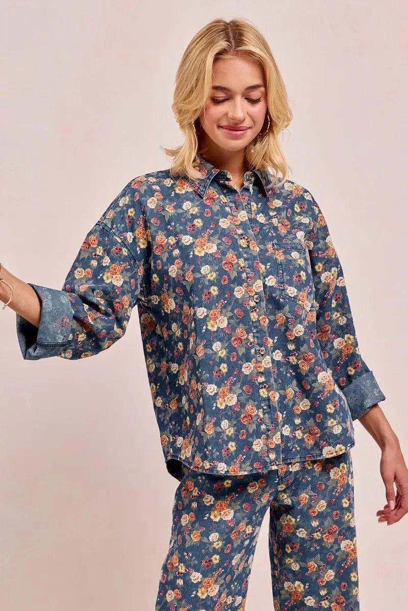 BiBi Washed Floral Print Denim Jacket - VILLA FASHION