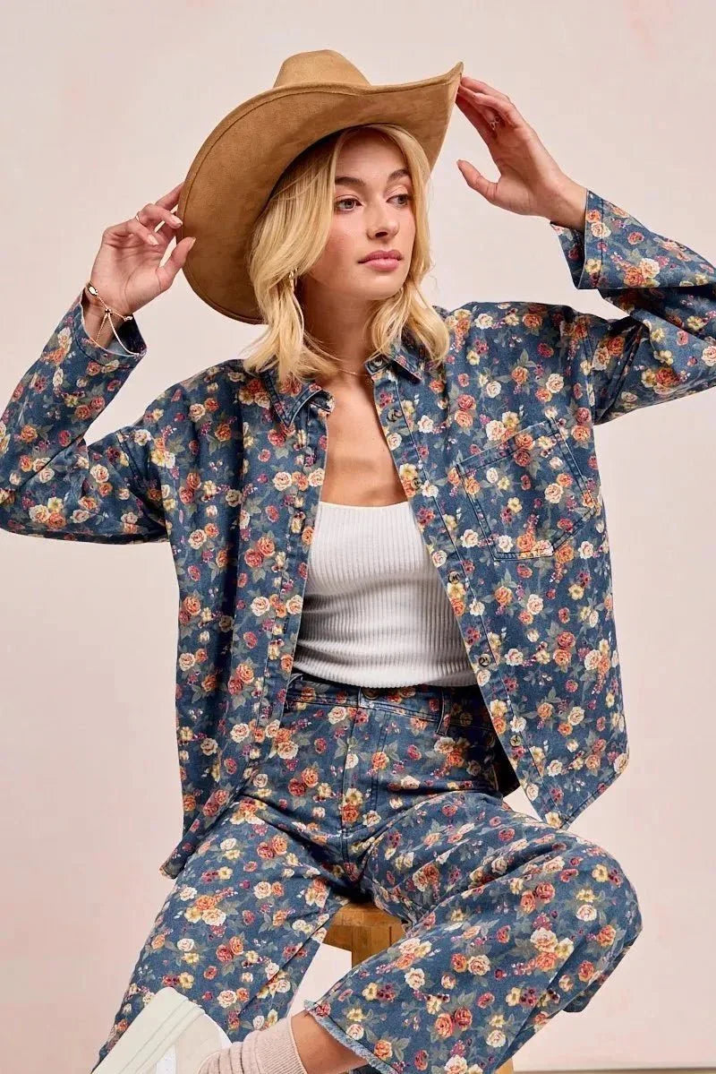 BiBi Washed Floral Print Denim Jacket - VILLA FASHION