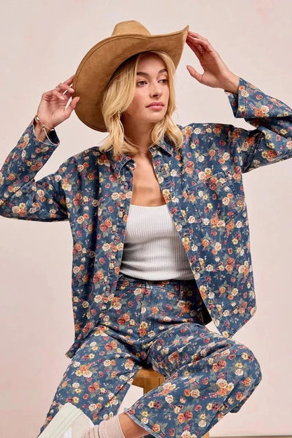 BiBi Washed Floral Print Denim Jacket - VILLA FASHION