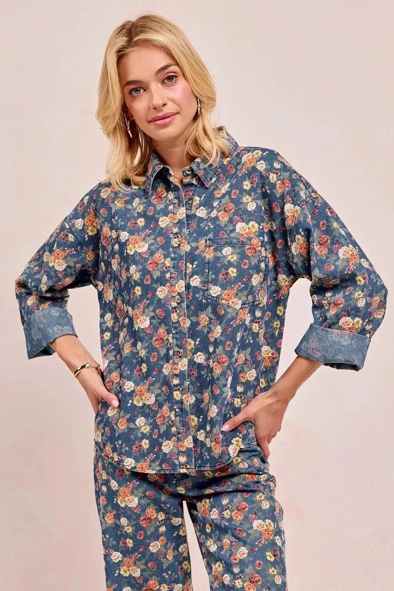 BiBi Washed Floral Print Denim Jacket - VILLA FASHION