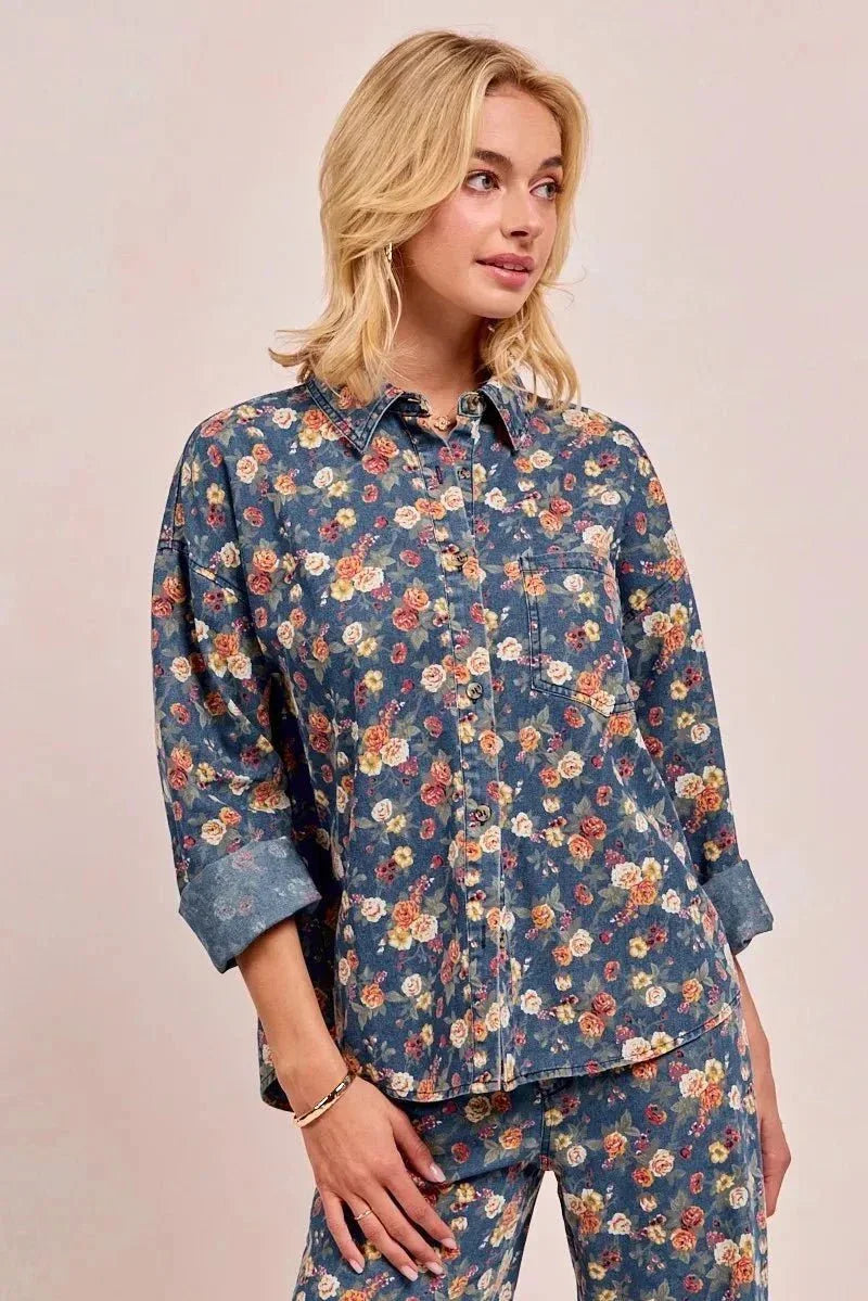 BiBi Washed Floral Print Denim Jacket - VILLA FASHION