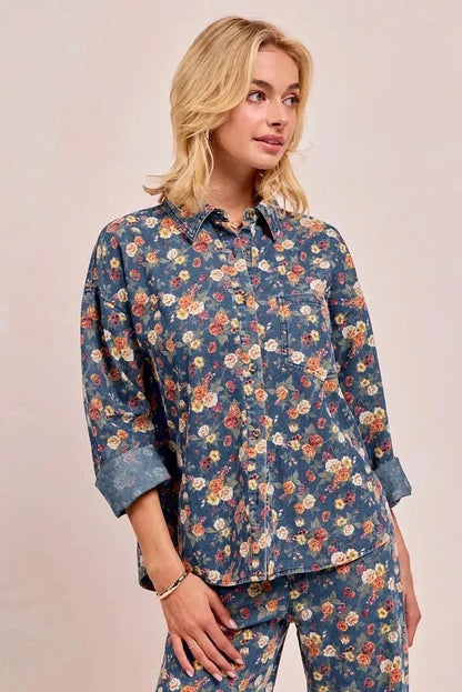 BiBi Washed Floral Print Denim Jacket - VILLA FASHION