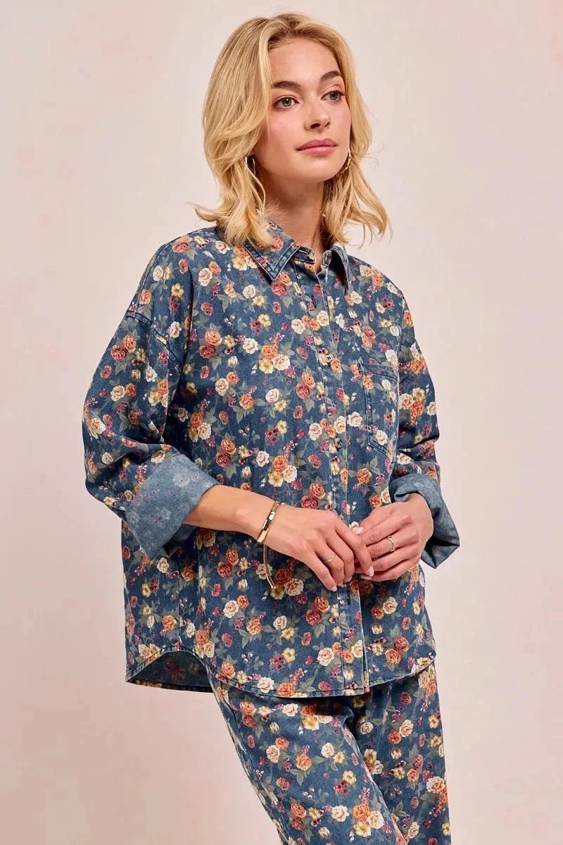 BiBi Washed Floral Print Denim Jacket - VILLA FASHION