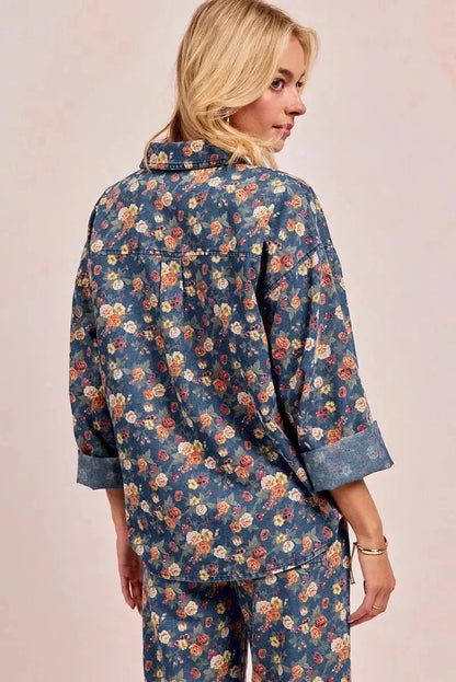 BiBi Washed Floral Print Denim Jacket - VILLA FASHION