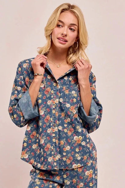 BiBi Washed Floral Print Denim Jacket - VILLA FASHION