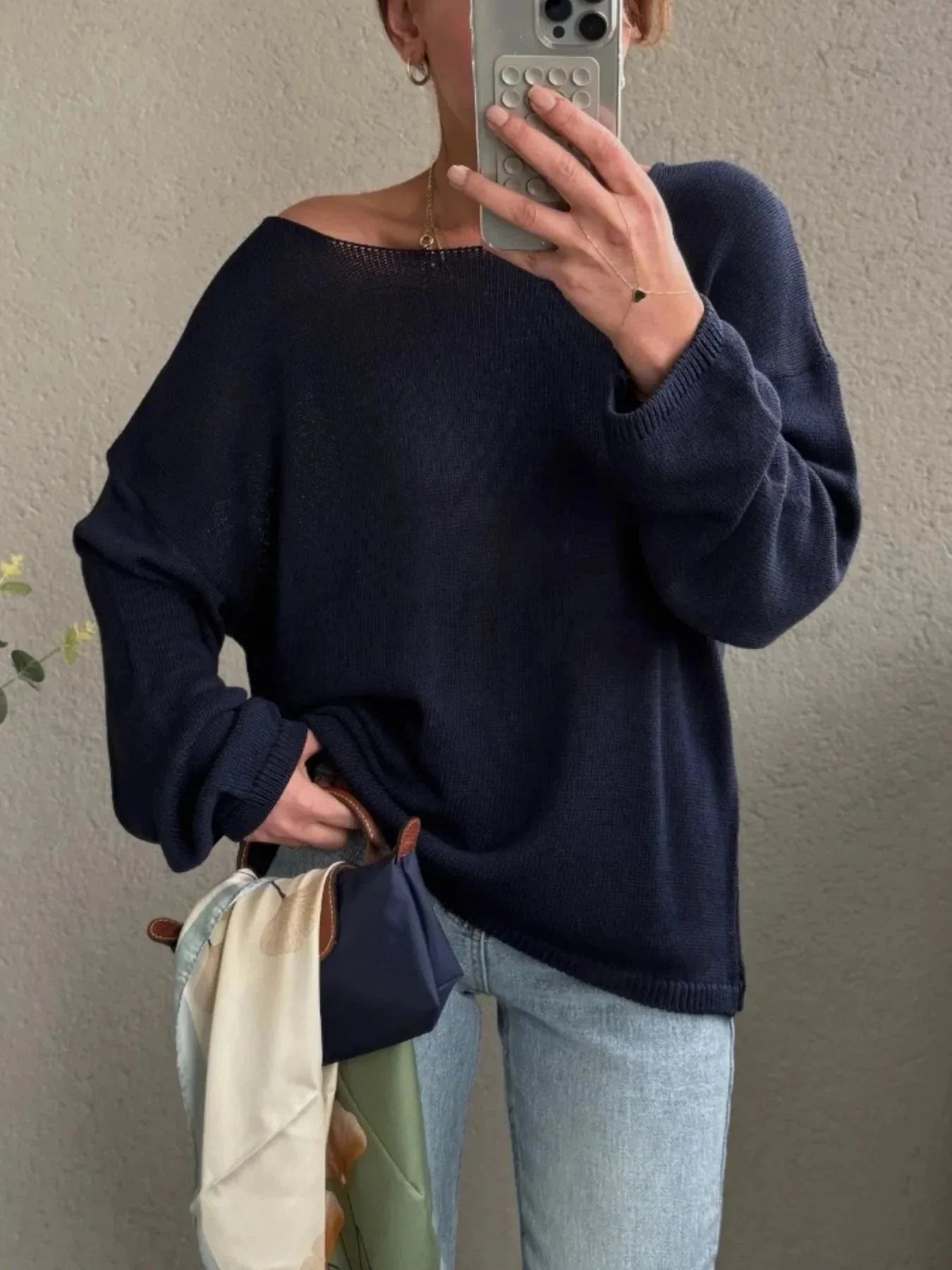 Boat Neck Drop Shoulder Sweater - VILLA FASHION