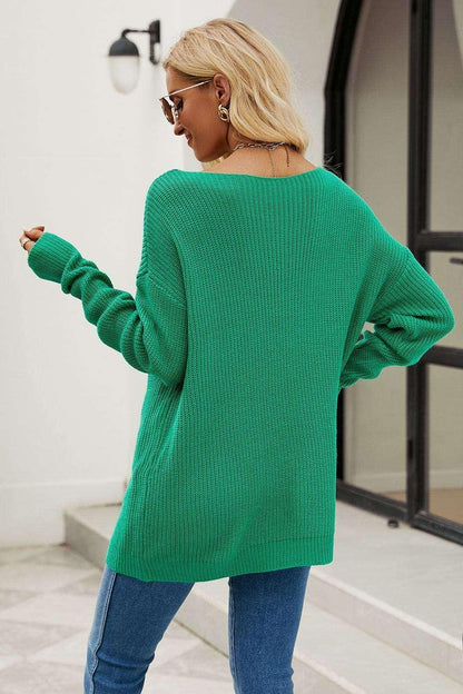 Boat Neck Dropped Shoulder Knit Top - VILLA FASHION
