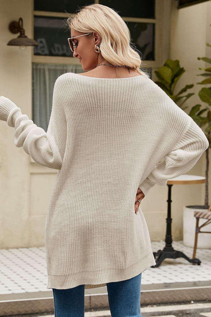 Boat Neck Dropped Shoulder Knit Top - VILLA FASHION