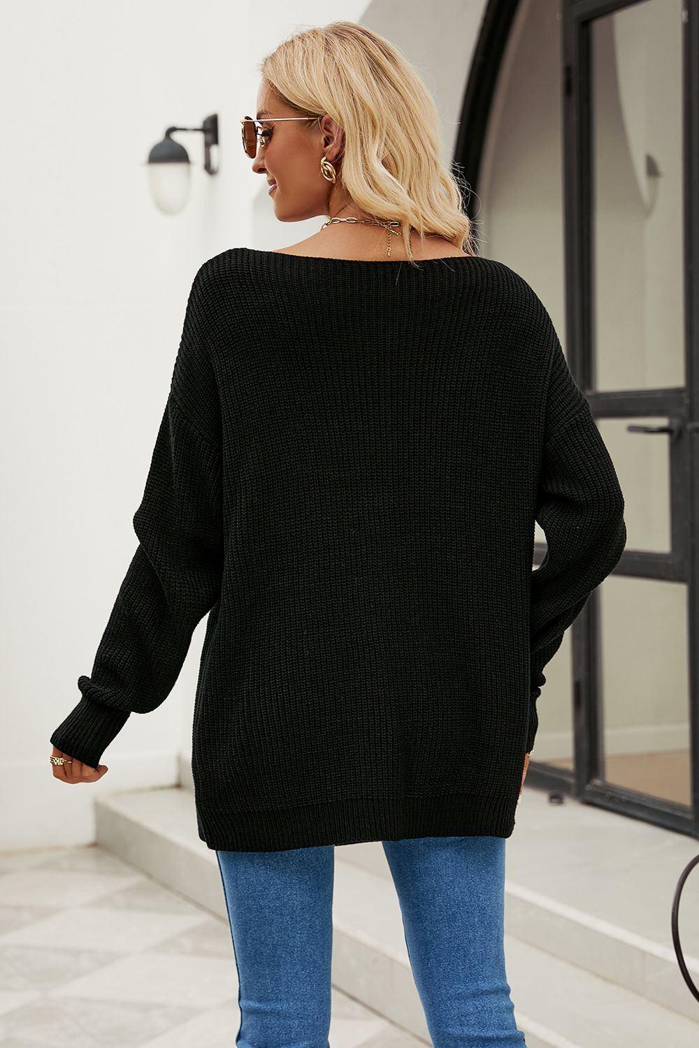 Boat Neck Dropped Shoulder Knit Top - VILLA FASHION