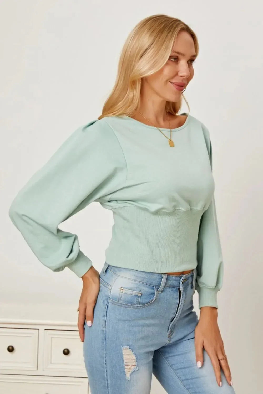 Boat Neck Lantern Sleeve Blouse - VILLA FASHION