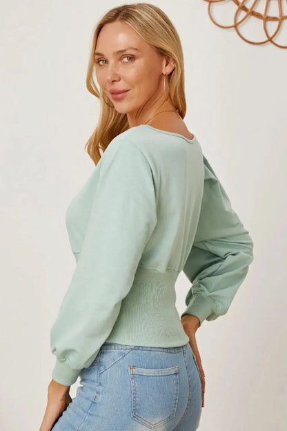 Boat Neck Lantern Sleeve Blouse - VILLA FASHION