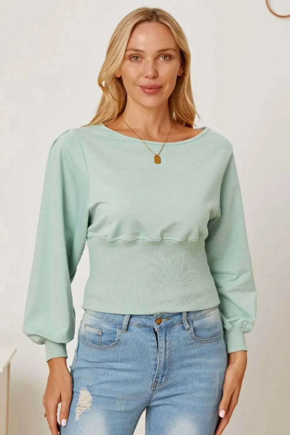 Boat Neck Lantern Sleeve Blouse - VILLA FASHION