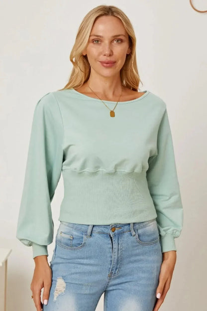Boat Neck Lantern Sleeve Blouse - VILLA FASHION