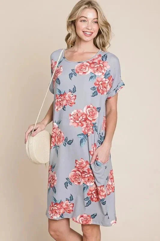 BOMBOM Floral Round Neck Short Tee Dress with Pockets - VILLA FASHION