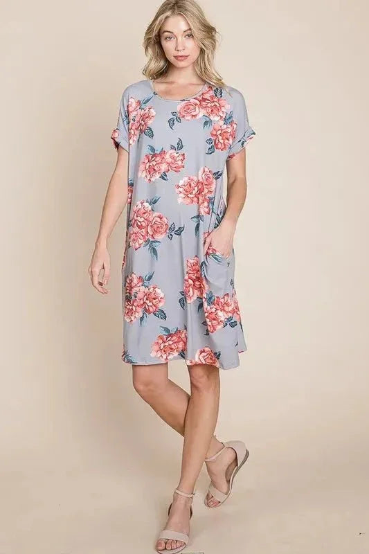 BOMBOM Floral Round Neck Short Tee Dress with Pockets - VILLA FASHION