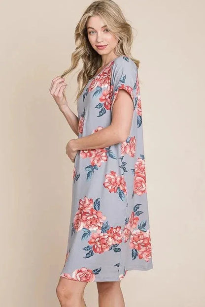 BOMBOM Floral Round Neck Short Tee Dress with Pockets - VILLA FASHION