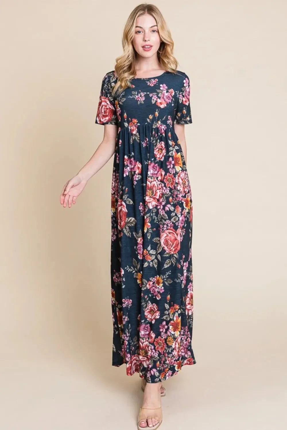BOMBOM Floral Short Sleeve Maxi Dress - VILLA FASHION