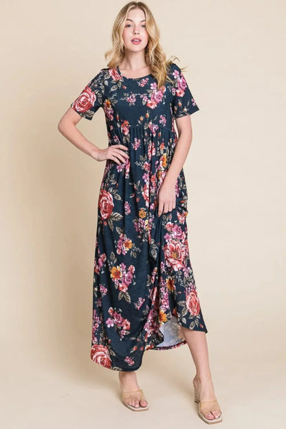 BOMBOM Floral Short Sleeve Maxi Dress - VILLA FASHION