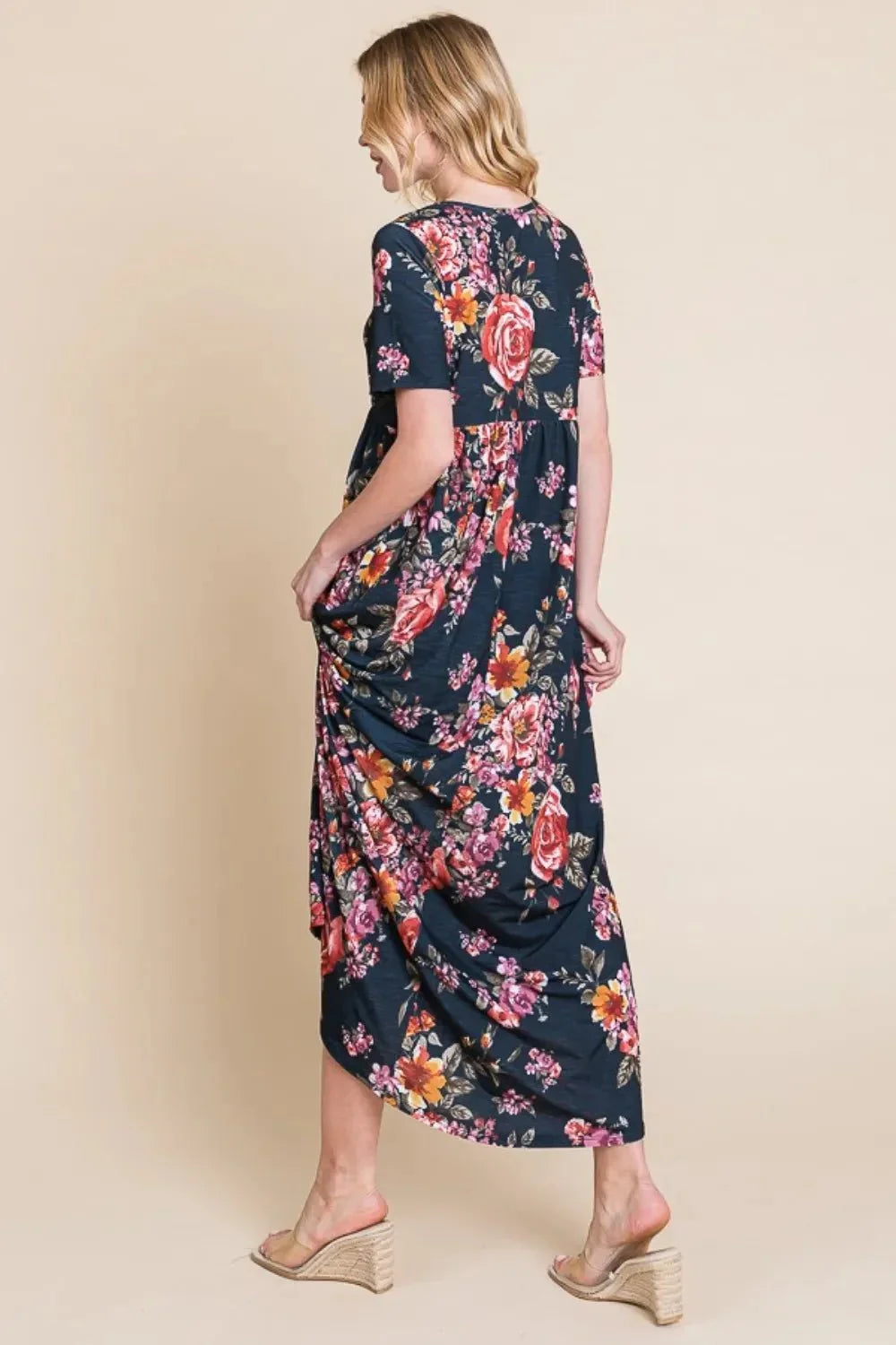 BOMBOM Floral Short Sleeve Maxi Dress - VILLA FASHION
