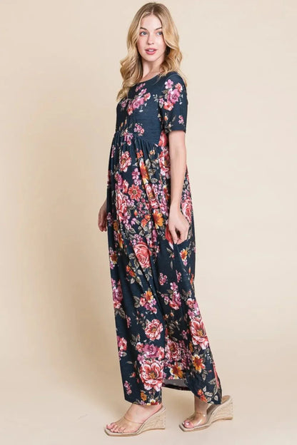 BOMBOM Floral Short Sleeve Maxi Dress - VILLA FASHION