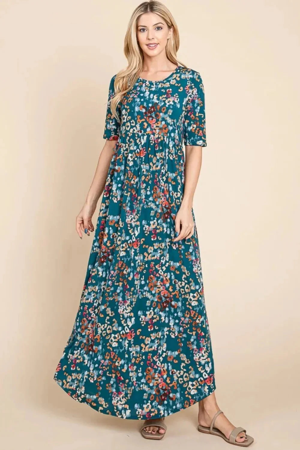 BOMBOM Printed Shirred Maxi Dress - VILLA FASHION