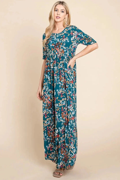 BOMBOM Printed Shirred Maxi Dress - VILLA FASHION