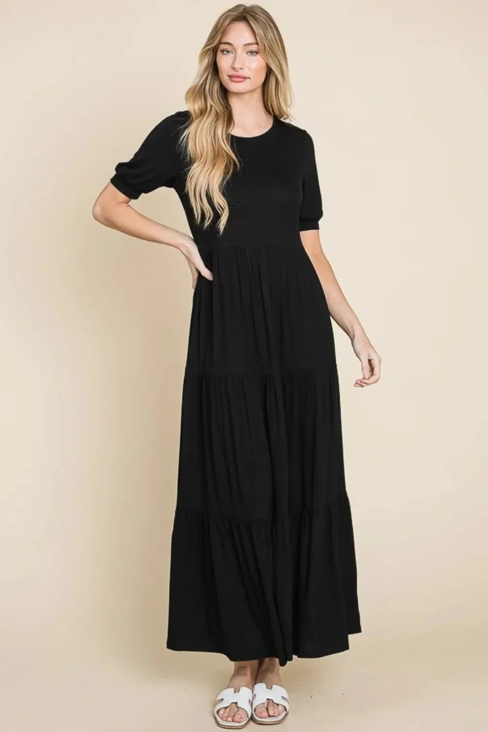 BOMBOM Short Sleeve Tiered Maxi Dress - VILLA FASHION