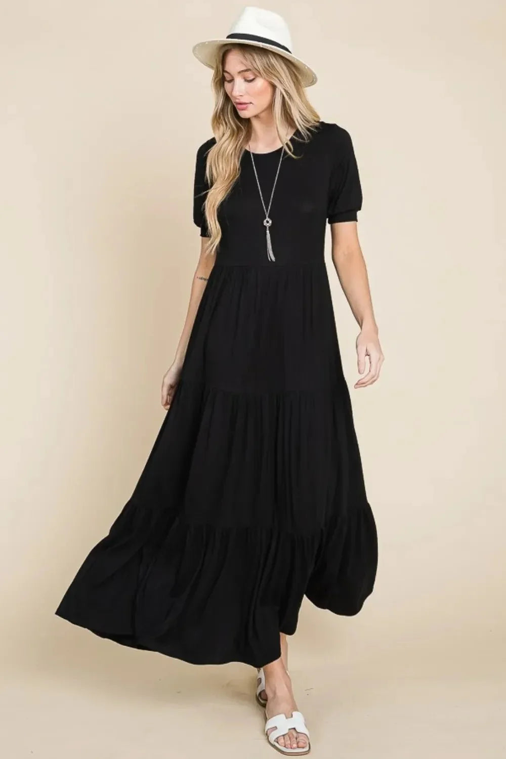 BOMBOM Short Sleeve Tiered Maxi Dress - VILLA FASHION