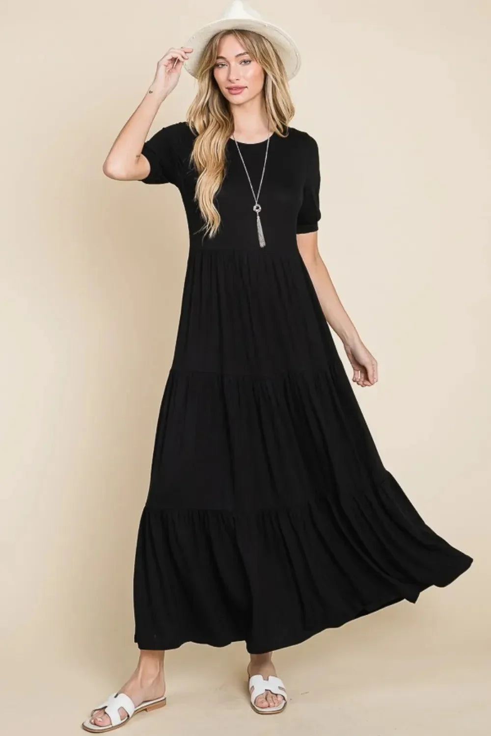 BOMBOM Short Sleeve Tiered Maxi Dress - VILLA FASHION