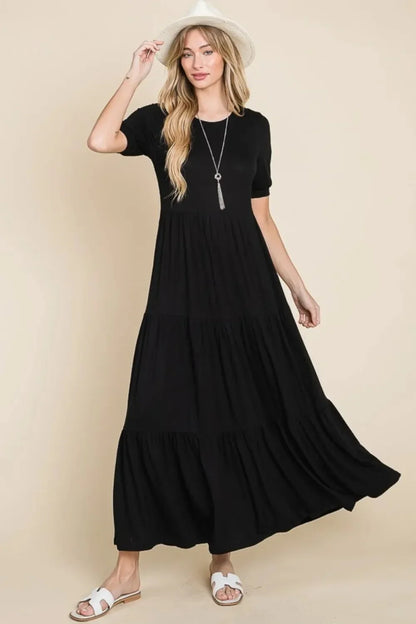 BOMBOM Short Sleeve Tiered Maxi Dress - VILLA FASHION