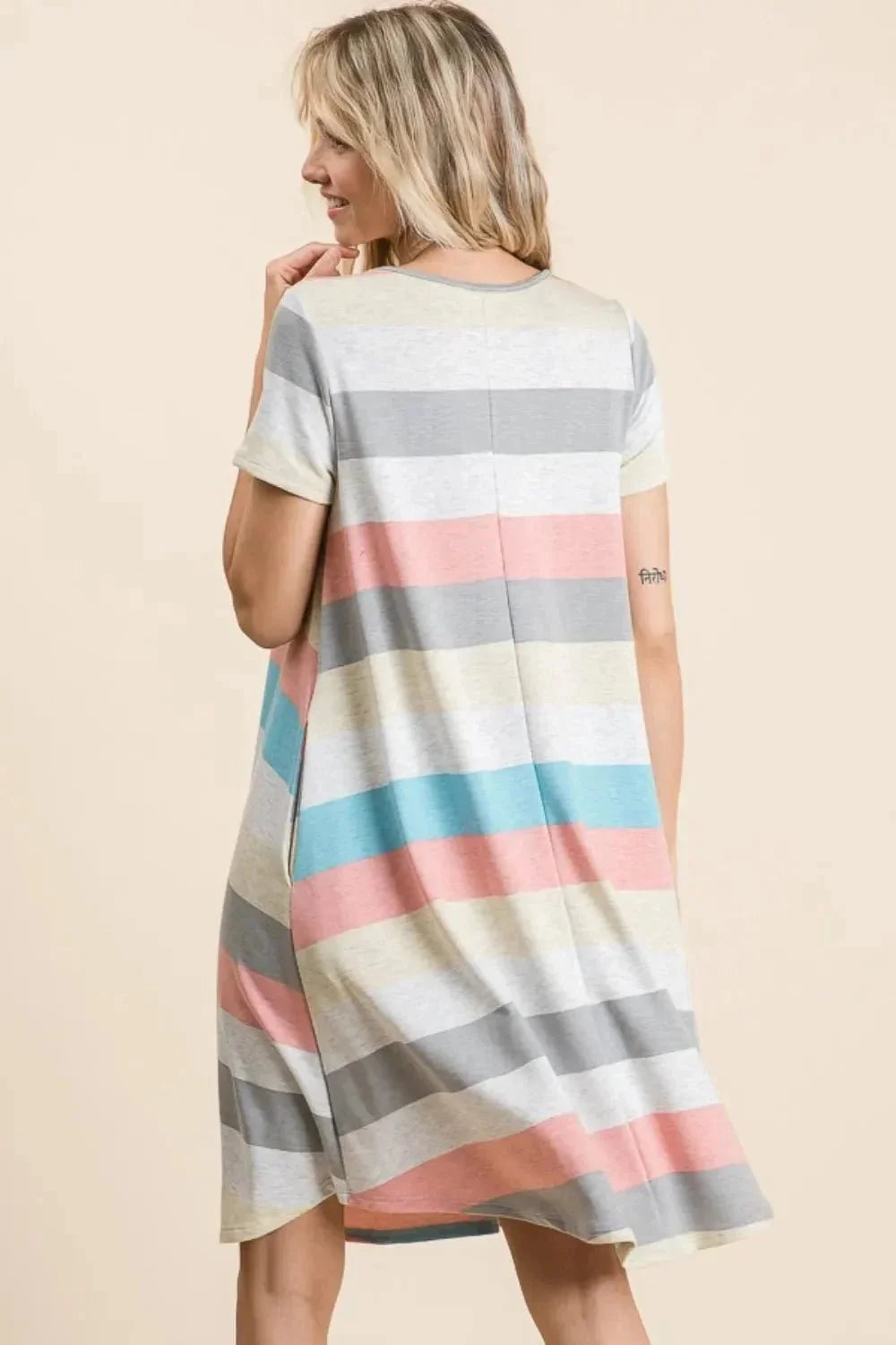 BOMBOM Striped Short Sleeve Dress with Pockets - VILLA FASHION