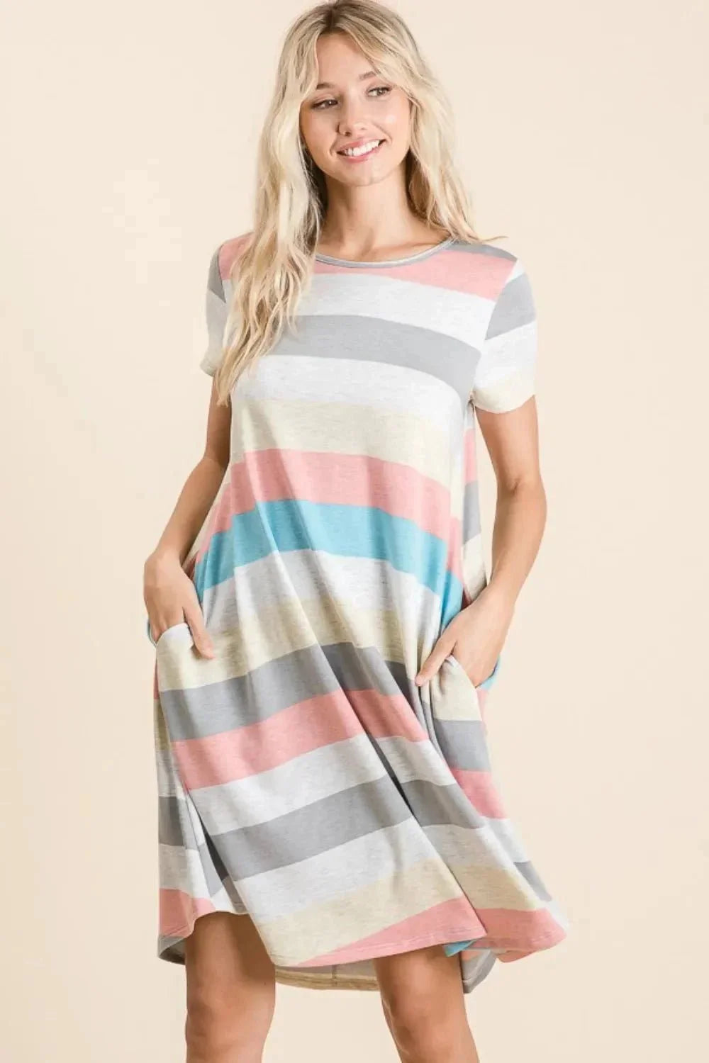 BOMBOM Striped Short Sleeve Dress with Pockets - VILLA FASHION