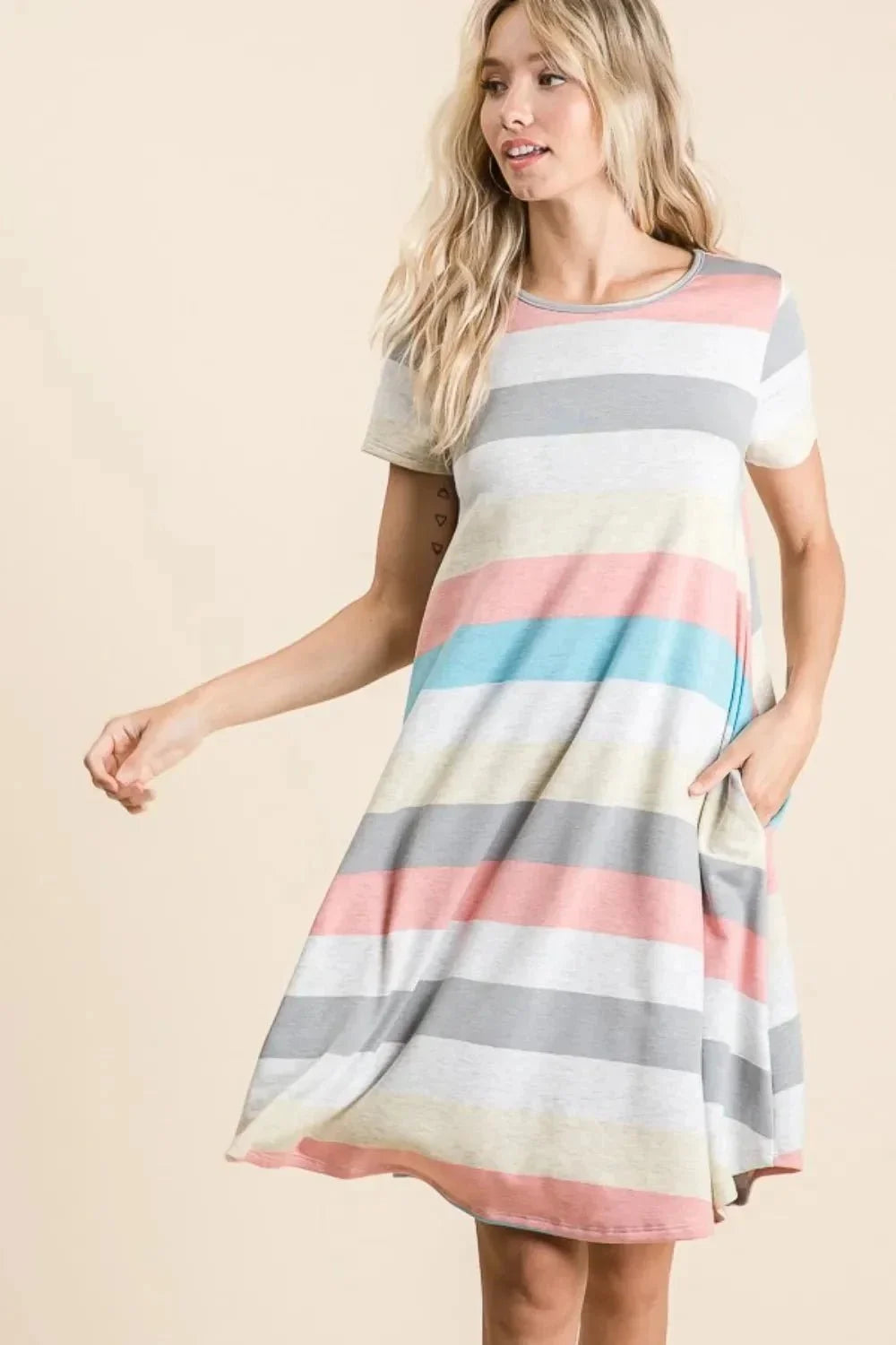 BOMBOM Striped Short Sleeve Dress with Pockets - VILLA FASHION